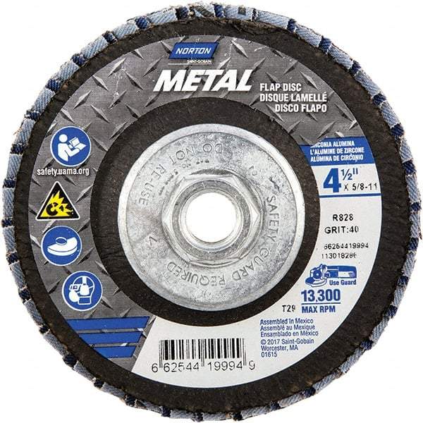 Norton - 40 Grit, 4-1/2" Disc Diam, 5/8-11 Center Hole, Type 29 Zirconia Alumina Flap Disc - 13,300 Max RPM, Fiberglass Backing, Arbor Attaching System, Coated - Caliber Tooling