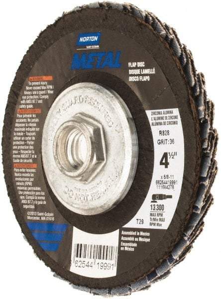 Norton - 36 Grit, 4-1/2" Disc Diam, 5/8-11 Center Hole, Type 29 Zirconia Alumina Flap Disc - 13,300 Max RPM, Fiberglass Backing, Arbor Attaching System, Coated - Caliber Tooling