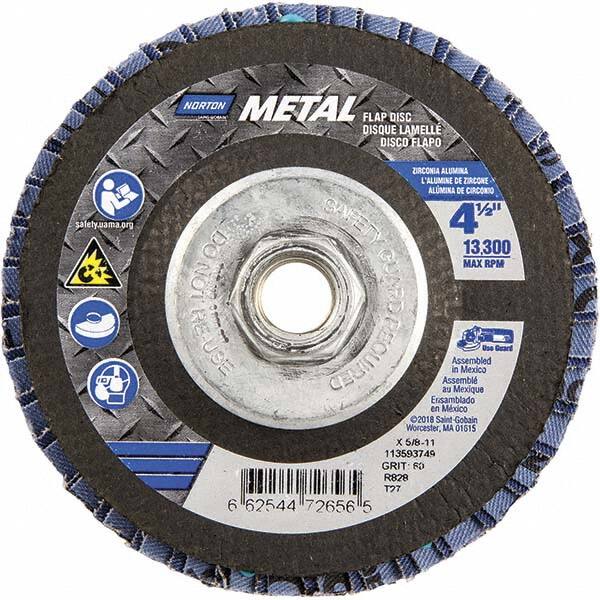 Norton - 60 Grit, 4-1/2" Disc Diam, 5/8-11 Center Hole, Type 27 Zirconia Alumina Flap Disc - 13,300 Max RPM, Fiberglass Backing, Arbor Attaching System, Coated - Caliber Tooling