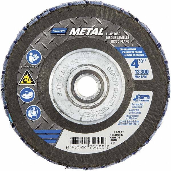 Norton - 36 Grit, 4-1/2" Disc Diam, 5/8-11 Center Hole, Type 27 Zirconia Alumina Flap Disc - 13,300 Max RPM, Fiberglass Backing, Arbor Attaching System, Coated - Caliber Tooling