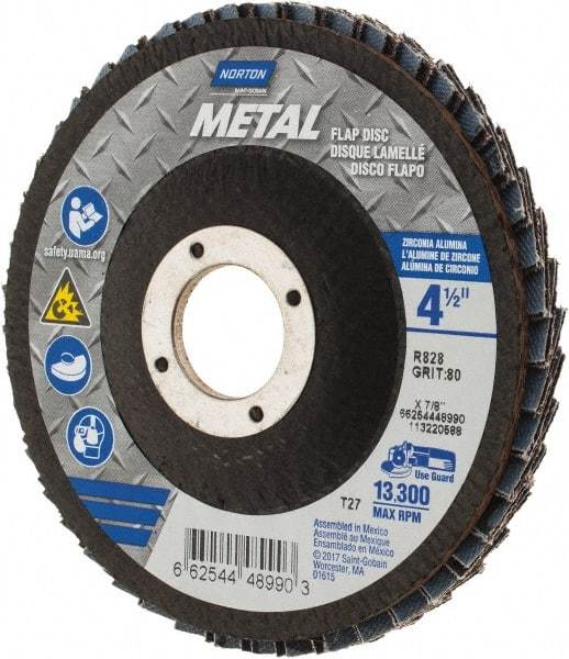 Norton - 80 Grit, 4-1/2" Disc Diam, 7/8" Center Hole, Type 27 Zirconia Alumina Flap Disc - 13,300 Max RPM, Fiberglass Backing, Arbor Attaching System, Coated - Caliber Tooling