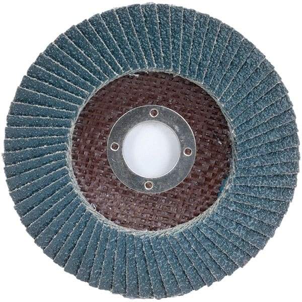 Merit Abrasives - 24 Grit, 4-1/2" Disc Diam, 7/8" Center Hole, Type 27 Zirconia Alumina Flap Disc - 13,300 Max RPM, Fiberglass Backing, Arbor Attaching System, Coated - Caliber Tooling