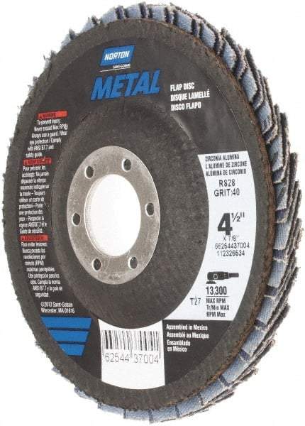 Norton - 40 Grit, 4-1/2" Disc Diam, 7/8" Center Hole, Type 27 Zirconia Alumina Flap Disc - 13,300 Max RPM, Fiberglass Backing, Arbor Attaching System, Coated - Caliber Tooling