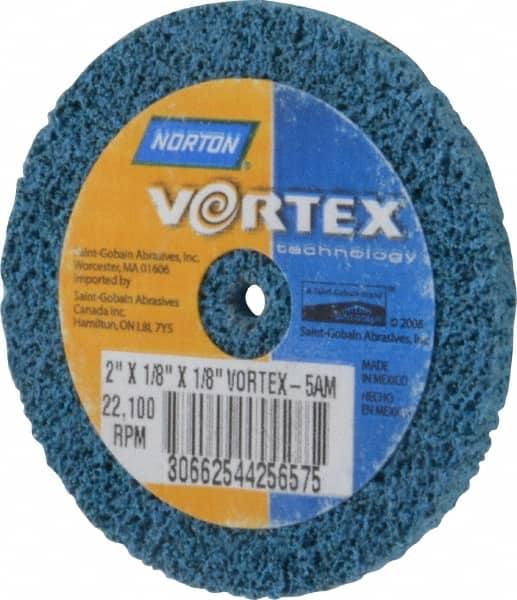 Norton - 2" Diam, 1/8" Face Width, 1/8" Center Hole, Medium Grade, Aluminum Oxide Deburring Wheel - Unitized, Medium Density 5 Grade - Caliber Tooling