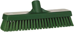 Vikan - 1.7" Bristle Length, Polyester Scrub Brush - 11-1/4" Long x 3" Wide Head, 12" OAL, European Threaded Handle, Green, Polypropylene Block - Caliber Tooling