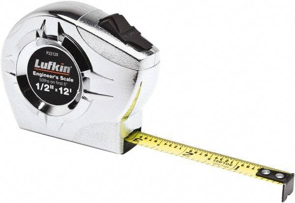 Lufkin - 12' x 1/2" Yellow Blade Tape Measure - 1/10 & 1/50" Graduation, A7 Graduation Style - Caliber Tooling