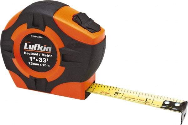 Lufkin - 33' x 1" Yellow Blade Tape Measure - 1/10 & 1/100' Graduation, A29 Graduation Style, High-Visibility Orange Case - Caliber Tooling