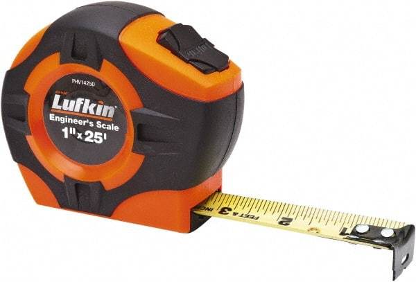 Lufkin - 25' x 1" Yellow Blade Tape Measure - 1/16" & 1/10 & 1/100' Graduation, A4 Graduation Style, High-Visibility Orange Case - Caliber Tooling