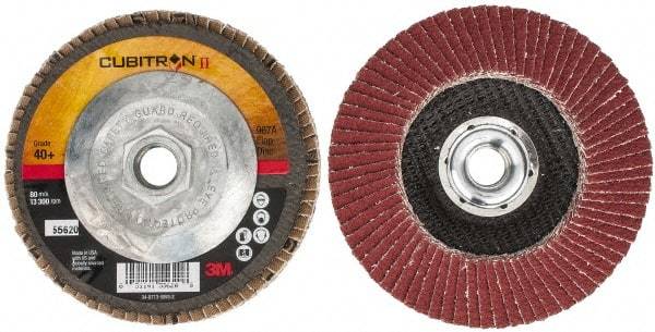 3M - 40 Grit, 4-1/2" Disc Diam, 5/8-11 Center Hole, Type 29 Ceramic Flap Disc - 13,300 Max RPM, Cloth Backing, Arbor Attaching System, Coated - Caliber Tooling