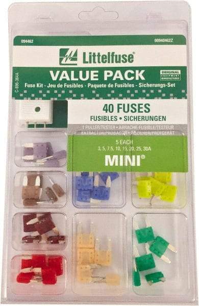 Littelfuse - Fuse Service Kits Compatible Fuse Class: ATO Includes: 5 each of 3, 5, 7.5, 10, 15, 20, 25, 30 amp mini fuses and one tester/puller - Caliber Tooling