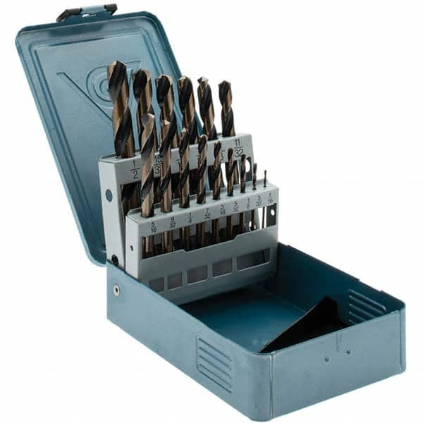 Import - 1/16 to 1/2", 135° Point, Oxide/Gold Finish, High Speed Steel Jobber Length Drill Bit Set - Caliber Tooling