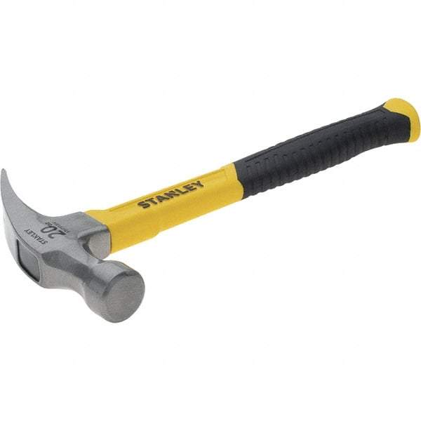 Stanley - 20 oz Head, Curved Claw Hammer - 12.83" OAL, Steel Head, 1.18" Face Diam, Smooth Face, Fiberglass Handle with Grip - Caliber Tooling