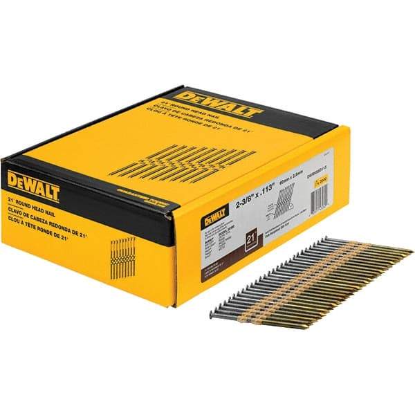 DeWALT - 12 Gauge 2.38" Long Framing Nails for Power Nailers - Steel, Bright Finish, Smooth Shank, Angled Stick Collation, Round Head - Caliber Tooling