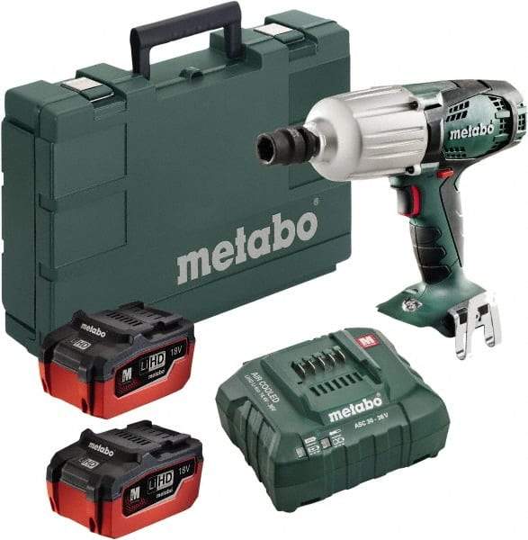 Metabo - 1/2" Drive 18 Volt Pistol Grip Cordless Impact Wrench & Ratchet - 1,600 RPM, 2,200 BPM, 450 Ft/Lb Torque, 2 Lithium-Ion Batteries Included - Caliber Tooling