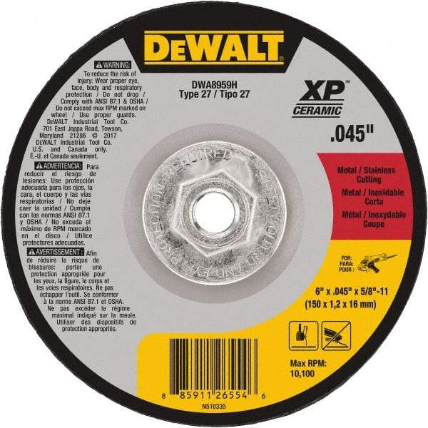 DeWALT - 24 Grit, 6" Wheel Diam, Type 27 Depressed Center Wheel - Coarse/Medium Grade, Ceramic, N Hardness, 10,100 Max RPM - Caliber Tooling