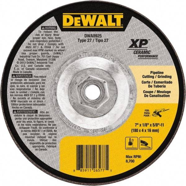 DeWALT - 24 Grit, 7" Wheel Diam, Type 27 Depressed Center Wheel - Coarse/Medium Grade, Ceramic, N Hardness, 8,700 Max RPM - Caliber Tooling