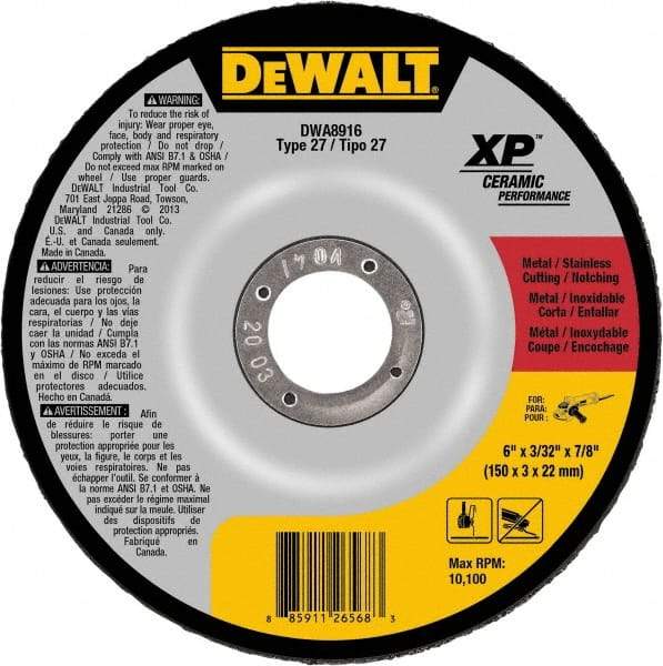 DeWALT - 24 Grit, 6" Wheel Diam, 7/8" Arbor Hole, Type 27 Depressed Center Wheel - Coarse/Medium Grade, Ceramic, N Hardness, 10,100 Max RPM - Caliber Tooling