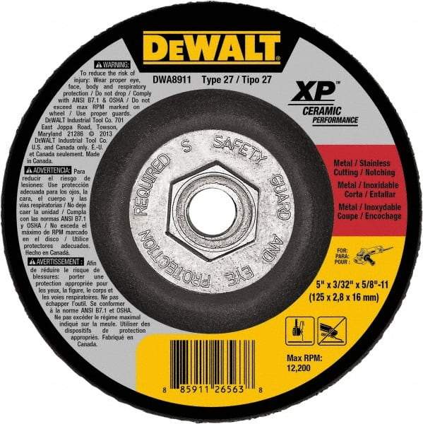 DeWALT - 24 Grit, 5" Wheel Diam, Type 27 Depressed Center Wheel - Coarse/Medium Grade, Ceramic, N Hardness, 12,200 Max RPM - Caliber Tooling