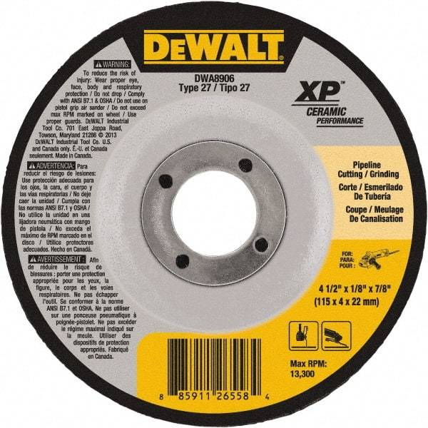 DeWALT - 24 Grit, 4-1/2" Wheel Diam, 7/8" Arbor Hole, Type 27 Depressed Center Wheel - Coarse/Medium Grade, Ceramic, N Hardness, 13,300 Max RPM - Caliber Tooling