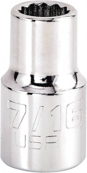 Proto - 7/16", 1/2" Drive, Standard Hand Socket - 12 Points, 1-17/32" OAL, Steel, Chrome Finish - Caliber Tooling