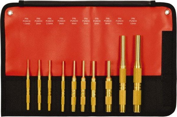 Mayhew - 10 Piece, 1.5 to 12mm, Pin Punch Set - Round Shank, Brass, Comes in Kit Bag - Caliber Tooling