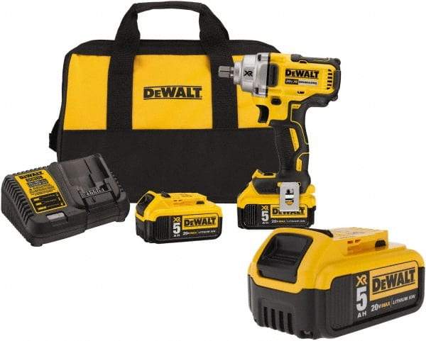 DeWALT - 1/2" Drive 20 Volt Mid-Handle Cordless Impact Wrench & Ratchet - 2,000 RPM, 0 to 3,100 BPM, 330 Ft/Lb Torque, 3 Lithium-Ion Batteries Included - Caliber Tooling