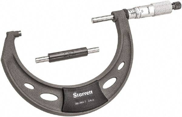 Starrett - 3 to 4" Range, 0.0001" Graduation, Mechanical Outside Micrometer - Ratchet Thimble, 2-1/4" Throat Depth, Accurate to 0.0001" - Caliber Tooling