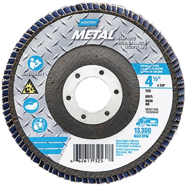 Norton - 80 Grit, 4-1/2" Disc Diam, 7/8" Center Hole, Type 29 Zirconia Alumina Flap Disc - 13,300 Max RPM, Fiberglass Backing, Arbor Attaching System, Coated - Caliber Tooling