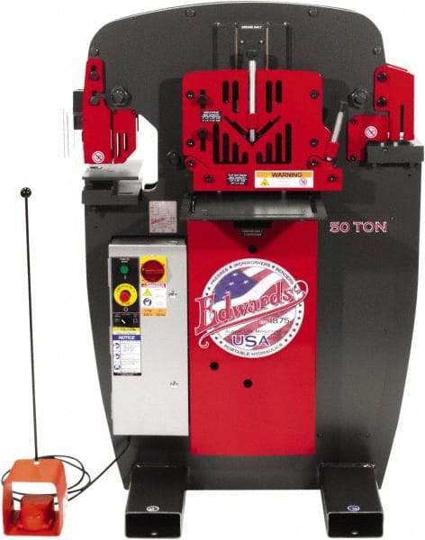 Edwards Manufacturing - 7" Throat Depth, 50 Ton Punch Pressure, 1" in 5/8" Punch Capacity Ironworker - 5 hp, 3 Phase, 460 Volts, 36-3/4" Wide x 54-1/2" High x 36-1/8" Deep - Caliber Tooling