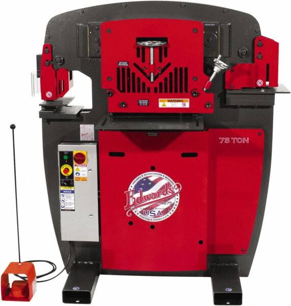 Edwards Manufacturing - 10" Throat Depth, 75 Ton Punch Pressure, 1-1/16" in 7/8" Punch Capacity Ironworker - 7-1/2 hp, 3 Phase, 230 Volts, 50" Wide x 60-1/4" High x 45" Deep - Caliber Tooling