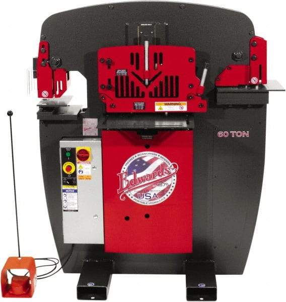 Edwards Manufacturing - 8-7/8" Throat Depth, 60 Ton Punch Pressure, 1-1/16" in 5/8" Punch Capacity Ironworker - 5 hp, 3 Phase, 230 Volts, 46-1/8" Wide x 56-1/8" High x 36-1/8" Deep - Caliber Tooling