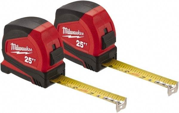 Milwaukee Tool - 25' x 1" Steel Blade Tape Measure - 1/16" Graduation, Red/Black Case - Caliber Tooling