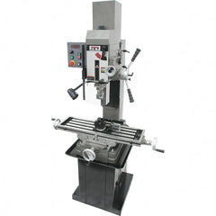 Jet - 3 Phase, 19-11/16" Swing, Geared Head Mill Drill Combination - 32-1/4" Table Length x 9-1/2" Table Width, 20-1/2" Longitudinal Travel, 8-1/4" Cross Travel, Variable Spindle Speeds, 1.5 hp, 230 Volts - Caliber Tooling