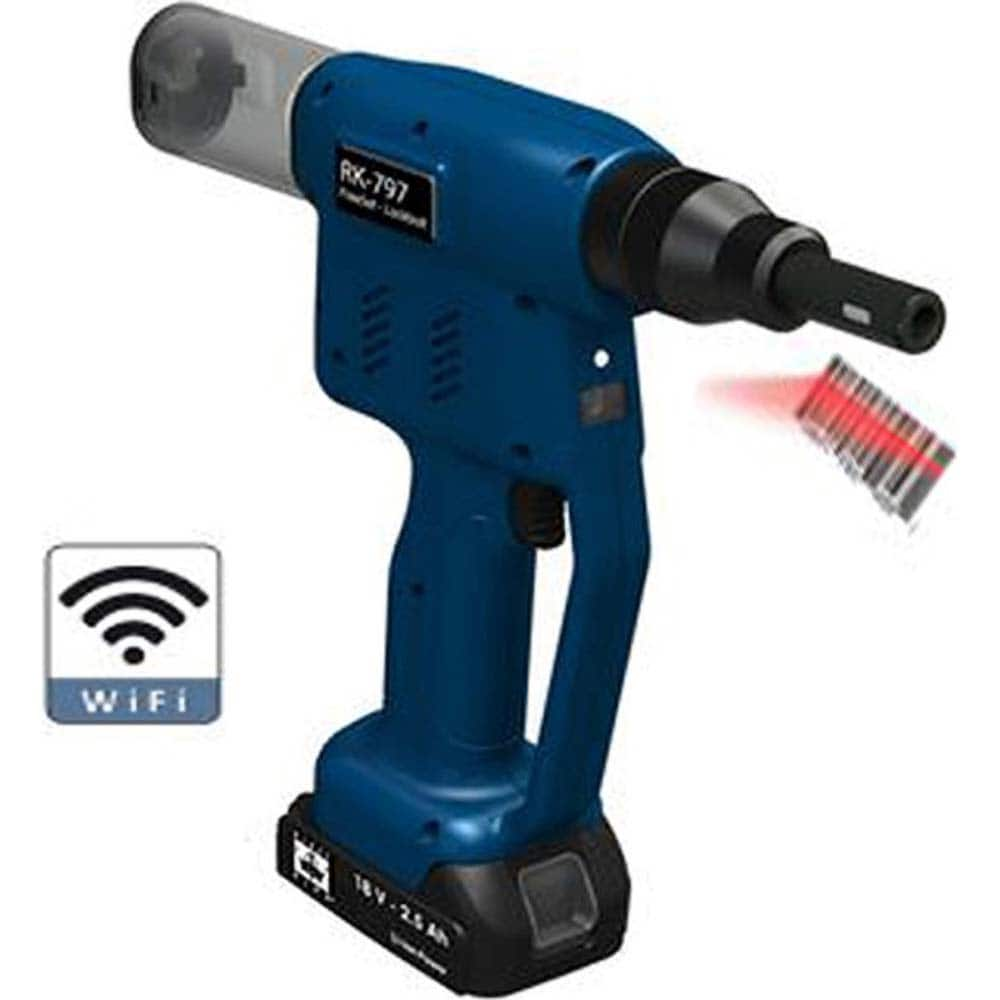 RivetKing - Cordless Riveters; Fastener Type: Cordless Electric Riveter ; Closed End Rivet Capacity: All up to 1/4 ; Mandrel Collection: Yes ; Voltage: 18 ; Stroke Length (Decimal Inch): 1.0000 ; Pull Force (Lb.): 4000 - Exact Industrial Supply