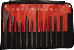 Mayhew - 12 Piece Cold Chisel, Prick, Center, Solid & Pin Punch Set - 5/16 to 3/4" Chisel, 5/32 to 3/8" Punch, Hex Shank - Caliber Tooling