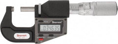 Starrett - 0 to 25 mm Range, 0.0001" Resolution, Standard Throat, Electronic Outside Micrometer - 0.0001" Accuracy, Friction Thimble, Micro Lapped Carbide Face, CR2450 Battery, Includes 3V Battery - Caliber Tooling