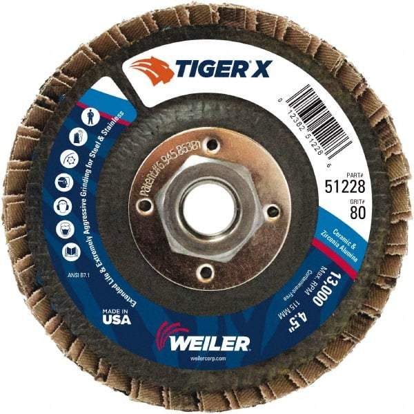 Weiler - 181 Grit, 4-1/2" Disc Diam, 5/8-11 Center Hole, Type 27 Zirconia Alumina Flap Disc - 13,000 Max RPM, Phenolic Backing, Arbor Attaching System, Coated - Caliber Tooling