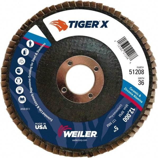 Weiler - 501 Grit, 5" Disc Diam, 7/8" Center Hole, Type 29 Zirconia Alumina Flap Disc - 12,000 Max RPM, Phenolic Backing, Arbor Attaching System, Coated - Caliber Tooling