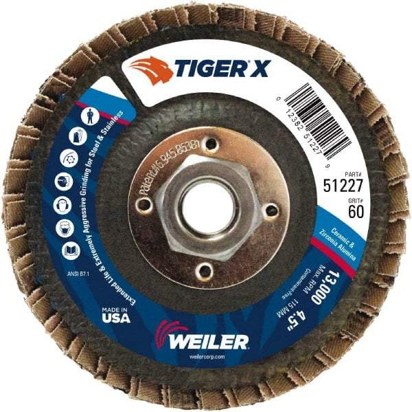 Weiler - 251 Grit, 4-1/2" Disc Diam, 5/8-11 Center Hole, Type 27 Zirconia Alumina Flap Disc - 13,000 Max RPM, Phenolic Backing, Arbor Attaching System, Coated - Caliber Tooling