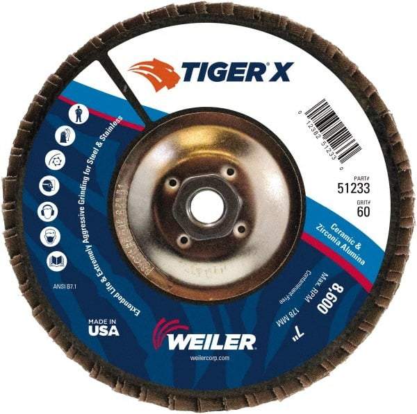 Weiler - 251 Grit, 7" Disc Diam, 5/8-11 Center Hole, Type 27 Zirconia Alumina Flap Disc - 8,600 Max RPM, Phenolic Backing, Arbor Attaching System, Coated - Caliber Tooling