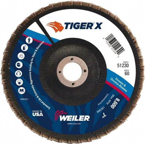 Weiler - 251 Grit, 7" Disc Diam, 7/8" Center Hole, Type 27 Zirconia Alumina Flap Disc - 8,600 Max RPM, Phenolic Backing, Arbor Attaching System, Coated - Caliber Tooling