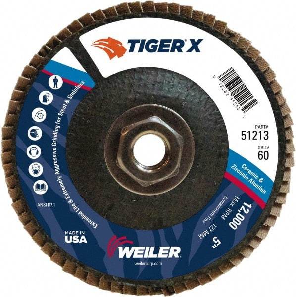 Weiler - 251 Grit, 5" Disc Diam, 5/8-11 Center Hole, Type 29 Zirconia Alumina Flap Disc - 12,000 Max RPM, Phenolic Backing, Arbor Attaching System, Coated - Caliber Tooling