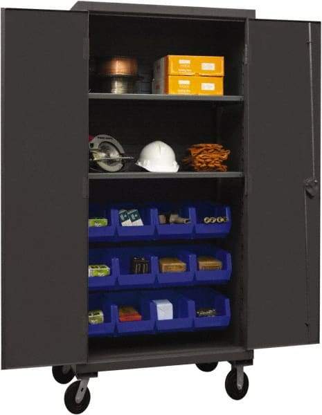 Durham - 2 Shelf 12 Bin Mobile Storage Cabinet - Steel, 36" Wide x 24" Deep x 80" High, Blue - Caliber Tooling