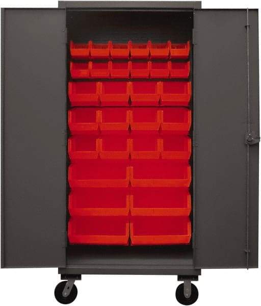 Durham - 30 Bin Mobile Storage Cabinet - Steel, 36" Wide x 24" Deep x 80" High, Red - Caliber Tooling