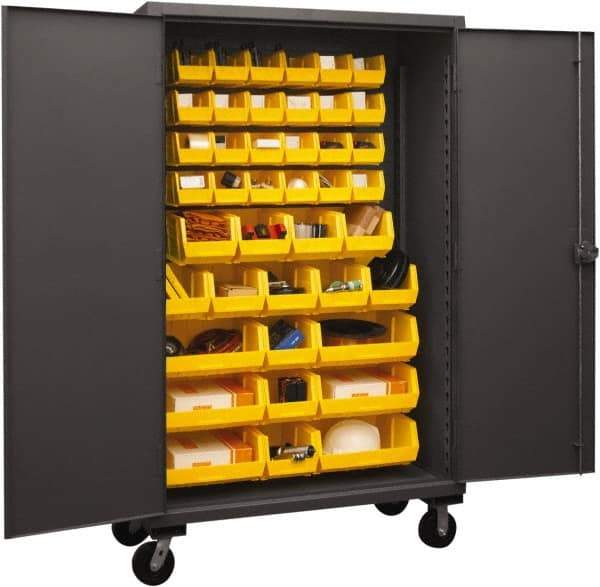 Durham - 42 Bin Mobile Storage Cabinet - Steel, 48" Wide x 24" Deep x 80" High, Yellow - Caliber Tooling