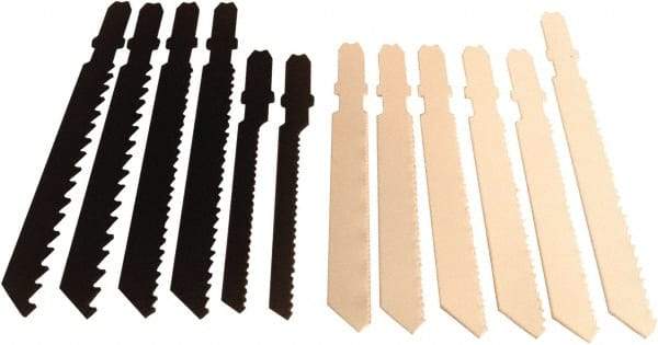 Disston - 12 Piece, 2-3/4" to 3-1/2" Long, 6 to 24 Teeth per Inch, Carbon and Bi-Metal Jig Saw Blade Set - Toothed Edge, U-Shank - Caliber Tooling