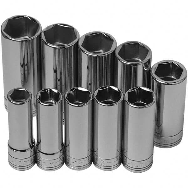 SK - 3/8" Drive Deep Socket Set - 10 to 19mm, Metric Measurement Standard - Caliber Tooling