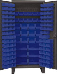 Durham - 126 Bin Storage Cabinet - Steel, 36" Wide x 24" Deep x 78" High, Blue - Caliber Tooling