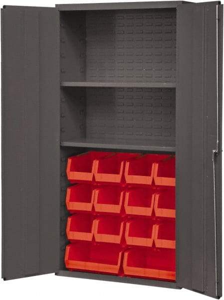 Durham - 2 Shelf 14 Bin Storage Cabinet - Steel, 36" Wide x 18" Deep x 72" High, Red - Caliber Tooling