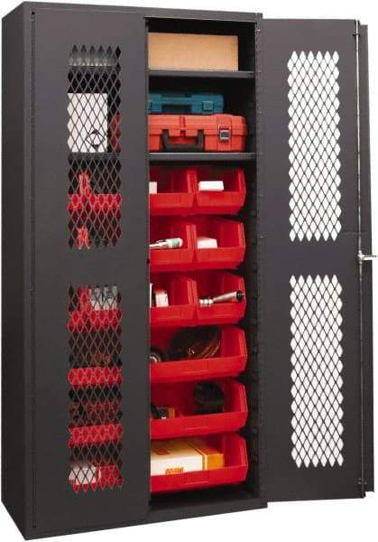 Durham - 2 Shelf 18 Bin Storage Cabinet - Steel, 36" Wide x 18" Deep x 72" High, Red - Caliber Tooling